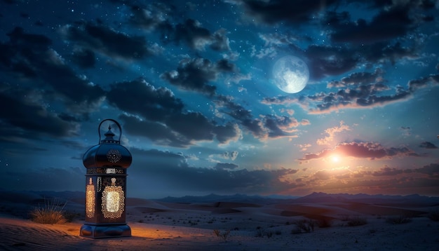 Arabian Sahara lantern in moonlight ideal for Ramadan Eid Mubarak cards