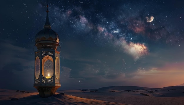 Arabian Sahara lantern in moonlight ideal for Ramadan Eid Mubarak cards