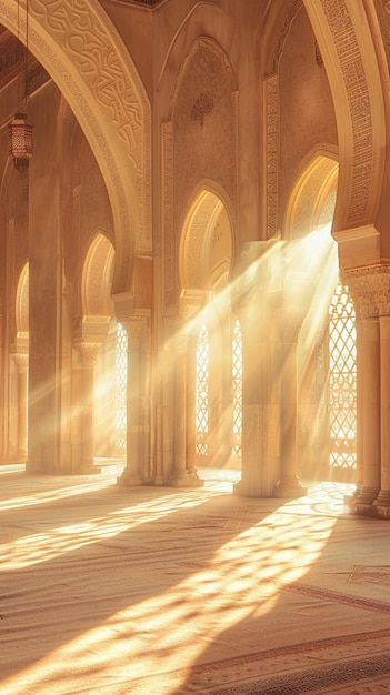 Arabic architecture with beautiful light rays and Islamic arches generated by ai