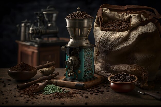 Arabic coffee beans in bag and grinder with ground coffee drink photography