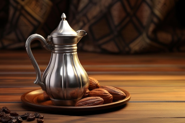 Photo arabic coffee pot for saudi coffee with wood background