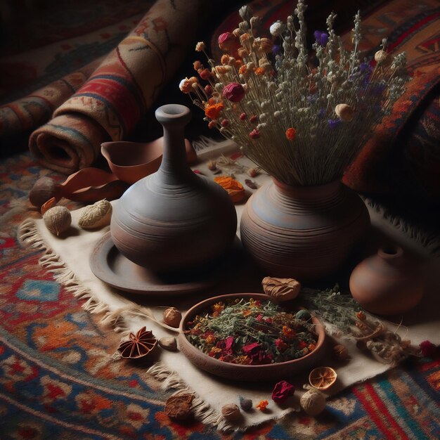 Arabic composition with an old carpet dried flowers and ceramic jugs in an ethnic style in brownred