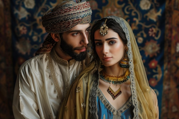 Arabic couple in traditional clothes studio portrait