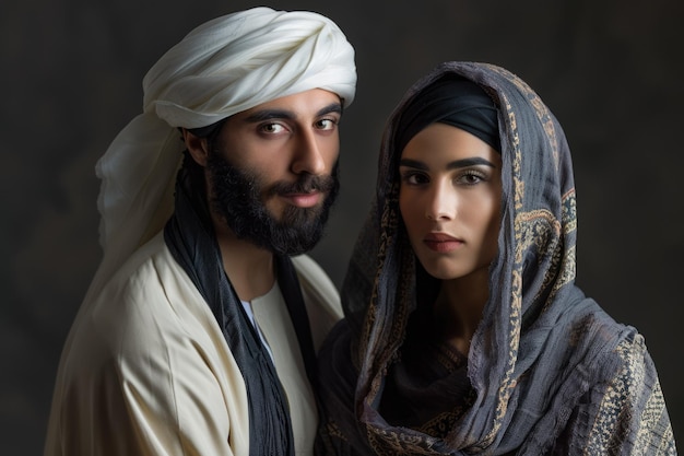 Arabic couple in traditional clothes studio portrait