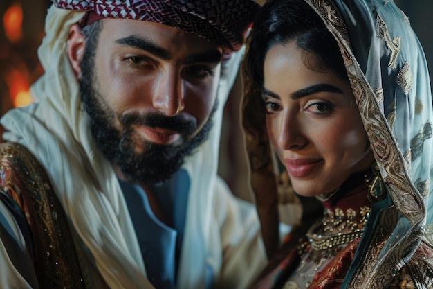 Arabic couple in traditional clothes studio portrait