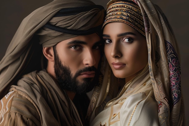 Arabic couple in traditional clothes studio portrait