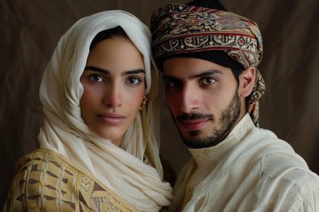 Arabic couple in traditional clothes studio portrait