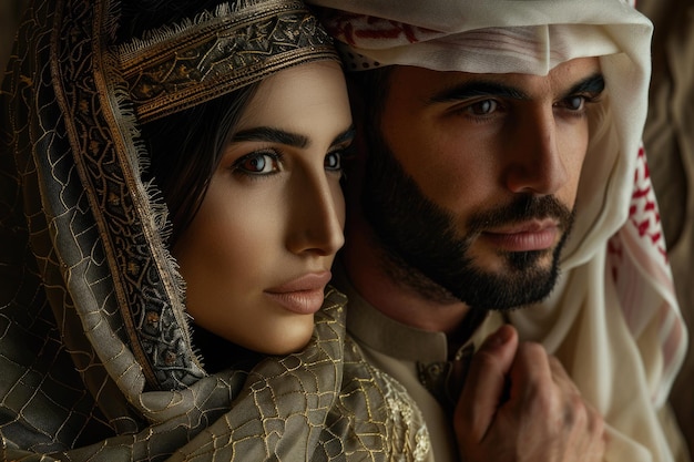 Arabic couple in traditional clothes studio portrait