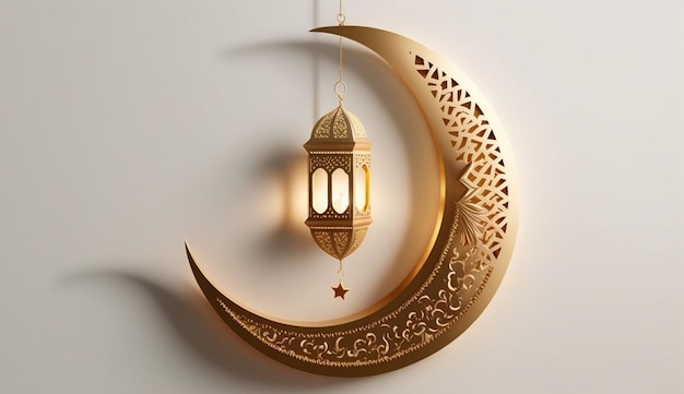 Arabic crescent moon and lantern pendant on a light Ramadan background Generative AI