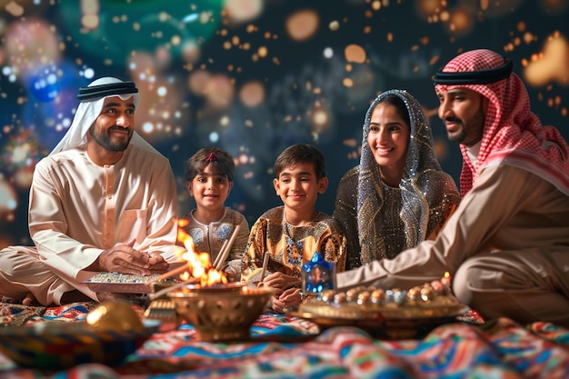 An arabic family enjoying the sparkle of the festivity during festival celebration ramadan concept