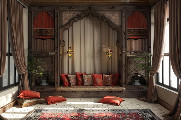 Arabic Interior Design with Bookshelves and Cushions