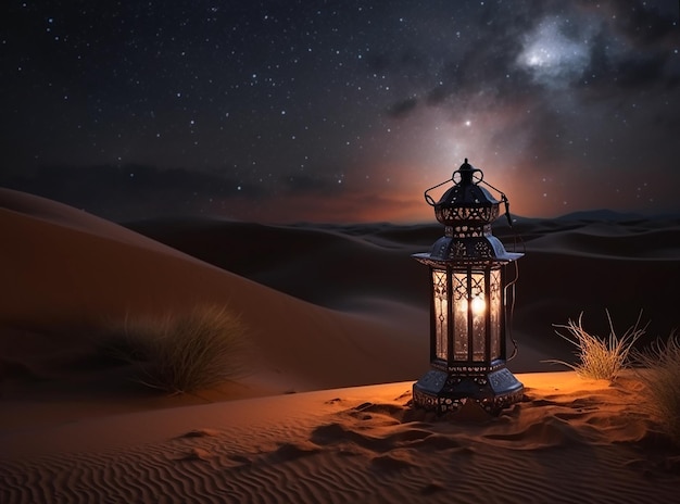 Arabic lantern adha mubarak with light turned on in desert on background of starry sky