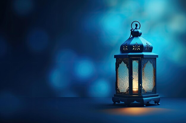 Arabic Lantern on blue bokeh islamic background copy space