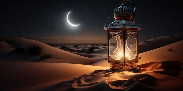 A arabic lantern in the desert with the moon in the background