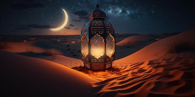 A arabic lantern in the desert with the moon in the background