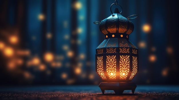 Arabic lantern and moon with abstract defocused lights Generative AI