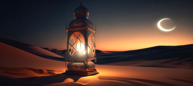 Arabic lantern with burning candle and night sky with waning crecent moon in the background RAMADAN Generative AI