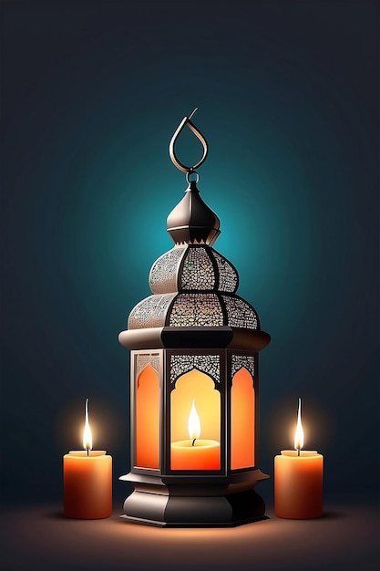 Arabic lantern with burning candle ramadan kareem background banner islamic holiday generative ai