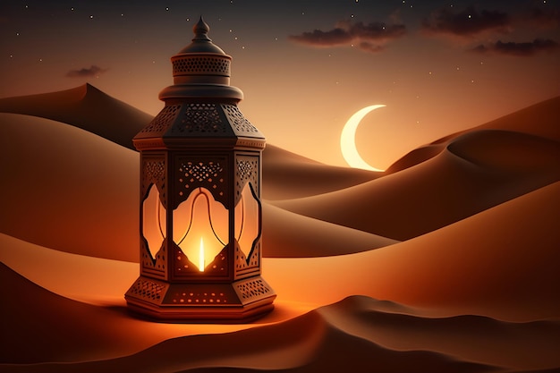 Arabic lantern with burning candle shining at night moon above the sandy desert Ramadan Generative AI 1