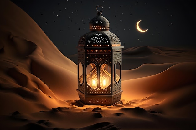 Arabic lantern with burning candle shining at night moon over sandy desert Ramadan Generative AI 4