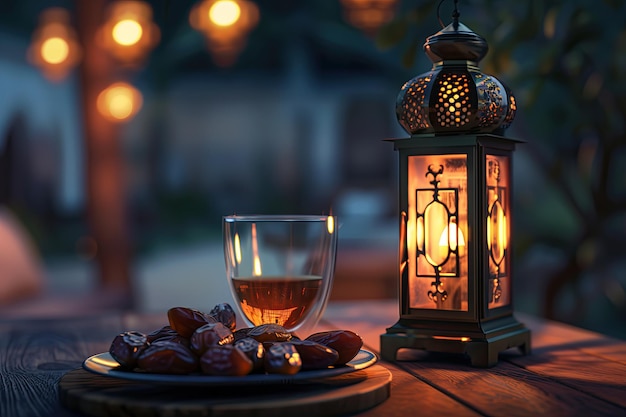 arabic lantern on a wooden table with dates on plate and glass of tea ramadan kareem holiday celebr