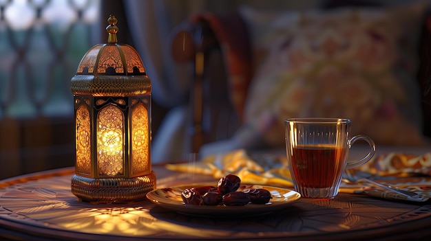 arabic lantern on a wooden table with dates on plate and glass of tea ramadan kareem holiday celebr