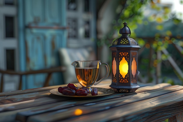 arabic lantern on a wooden table with dates on plate and glass of tea ramadan kareem holiday celebr