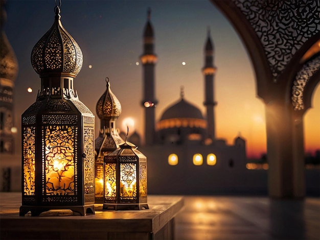 Arabic lanterns and dates with bookeh mosque background creative ai