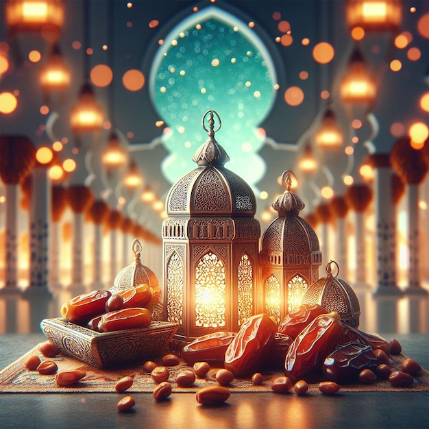 Arabic lanterns and dates with bookeh mosque background creative ai