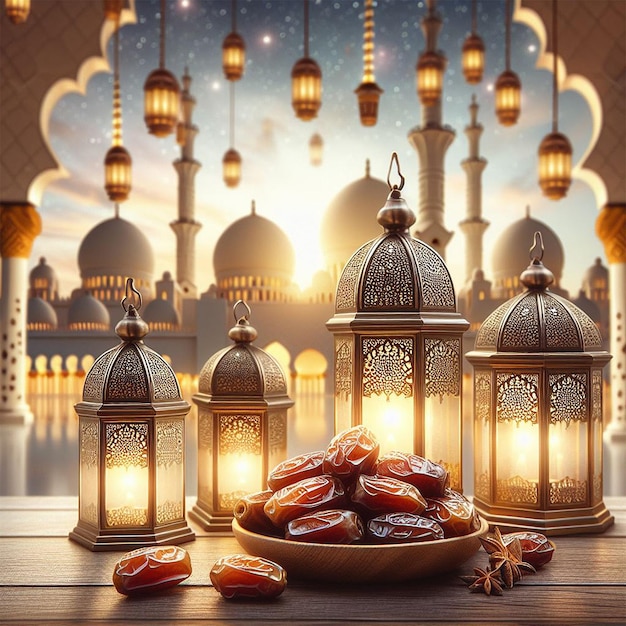 Arabic lanterns and dates with bookeh mosque background creative ai