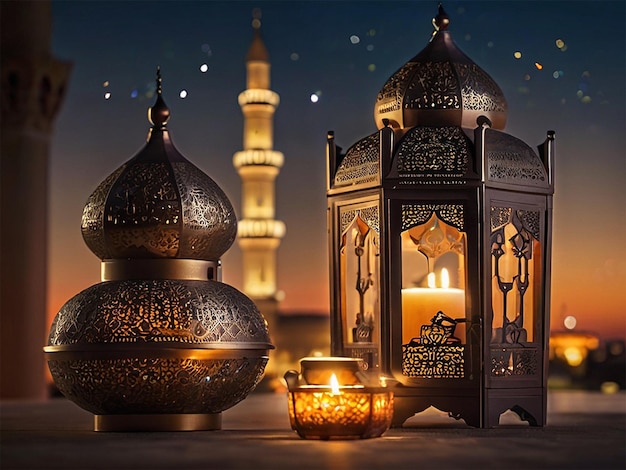 Arabic lanterns and dates with bookeh mosque background creative ai