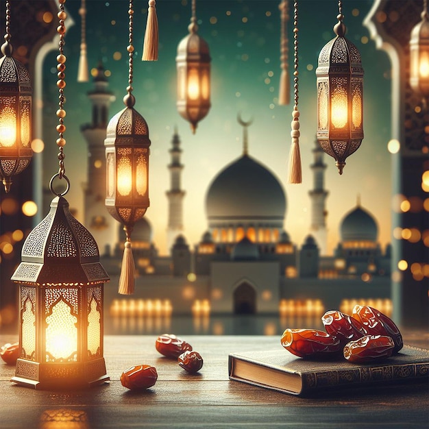 Arabic lanterns and dates with bookeh mosque background creative ai