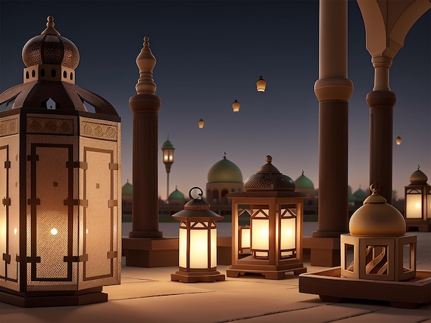 Arabic lanterns and dates with bookeh mosque background creative ai