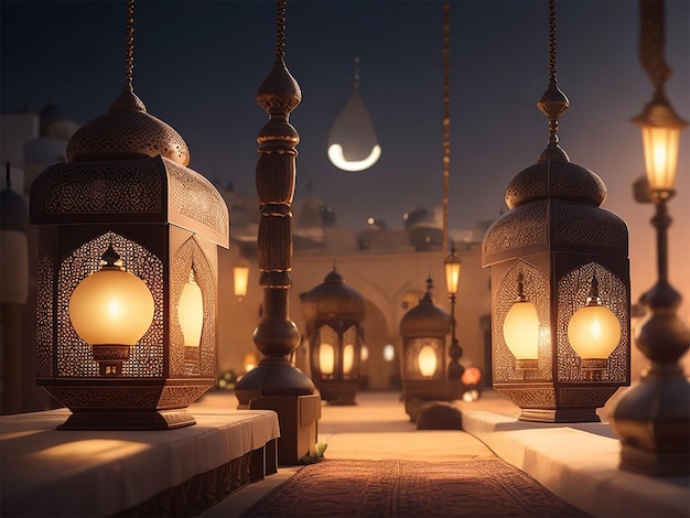 Arabic lanterns and dates with bookeh mosque background creative ai