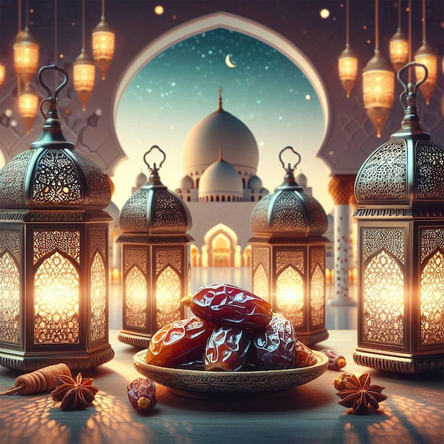 Arabic lanterns and dates with bookeh mosque background creative ai