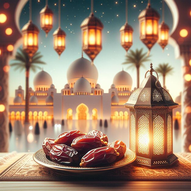 Arabic lanterns and dates with bookeh mosque background creative ai