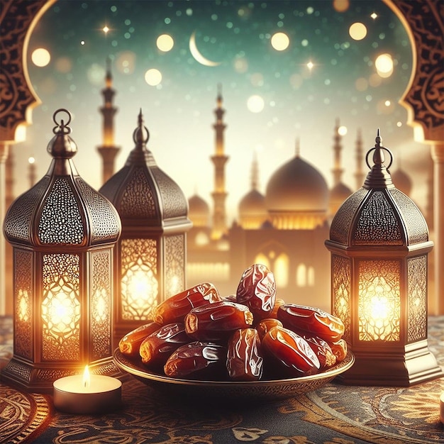 Arabic lanterns and dates with bookeh mosque background creative ai