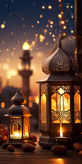 Arabic lanterns and dates with bookeh mosque background creative ai