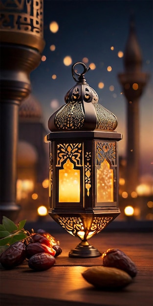 Arabic lanterns and dates with bookeh mosque background creative ai