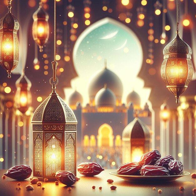 Arabic lanterns and dates with bookeh mosque background creative ai