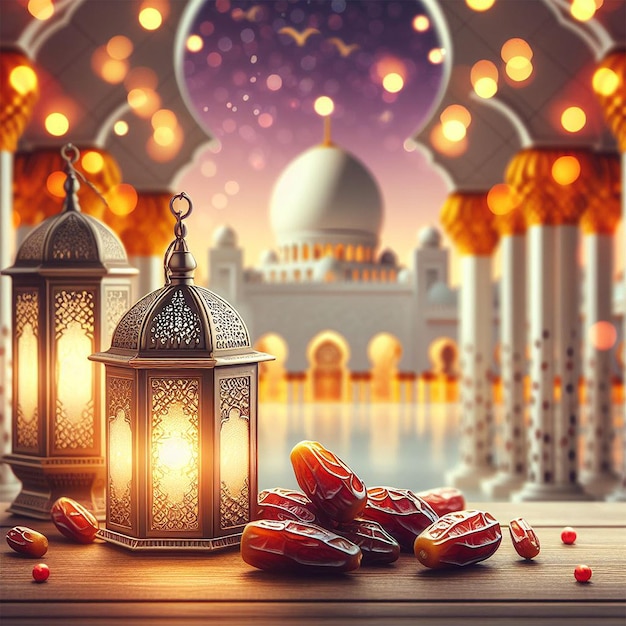 Arabic lanterns and dates with bookeh mosque background creative ai