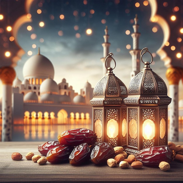 Arabic lanterns and dates with bookeh mosque background creative ai