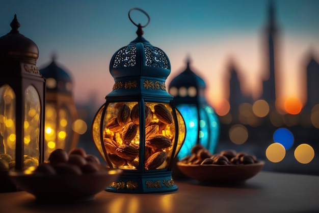 arabic lanterns and dates with bookeh mosque background, creative ai