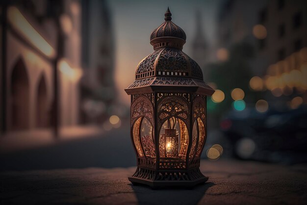 arabic lanterns and dates with bookeh mosque background, creative ai