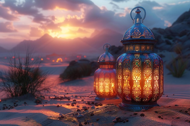 Arabic lanterns in the desert Ramadan Kareem background