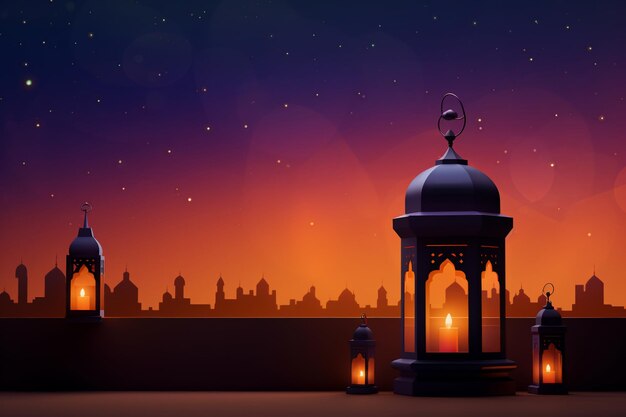 Arabic lanterns emit a warm glow against a purple background