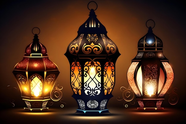 Arabic lanterns with burning candles shining at night on a dark background Ramadan Generative AI 1