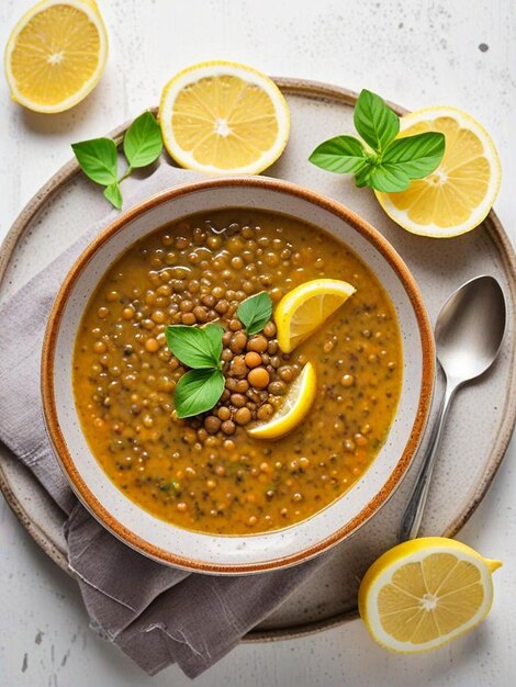 Photo arabic lentil soup lemon wedges