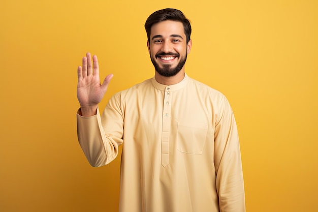 Arabic man showing stop gesture wearing kurta isolated on yellow