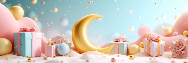 Arabic moon gifts and balloons Ramadan Islamic background Eid Mubarak 3d rendering